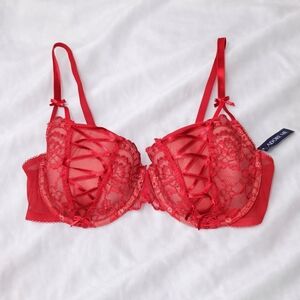 NWT Adore Me Red Lace Up Underwire Bra 36DD Strappy Lace